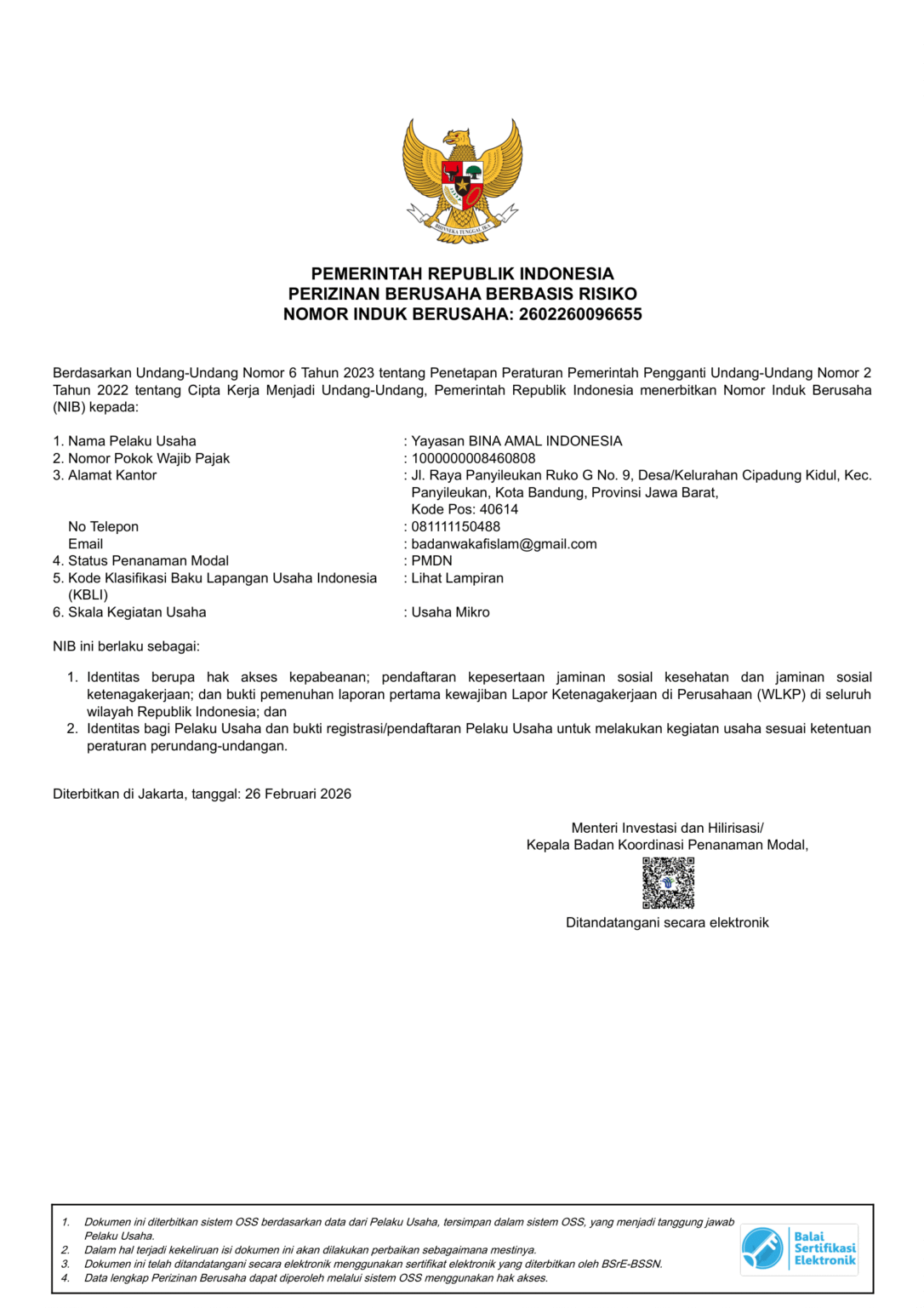 NIB Yayasan Bina Amal Indonesia
